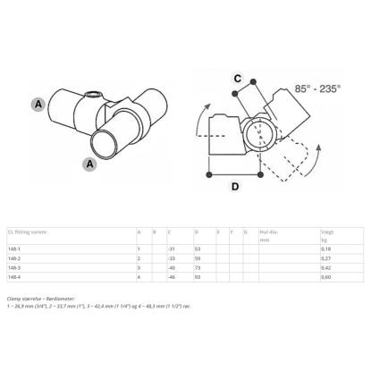 Clarrods Clamps CL148 justerbart T-stykke, 85-235°
