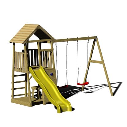 Wendi Toys Giraffe legetårn med klatrevæg, rutsjebane og gynger, træ, gul