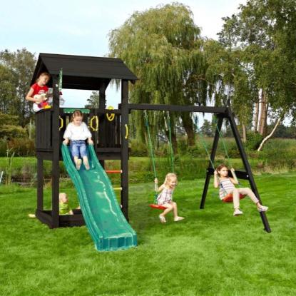 Jungle Gym Casa 2.1 legetårn med 2-Swing Module 220 og mørkegrøn rutsjebane, grundmalet sort