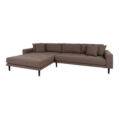 Lounge sofa, venstrevendt i brun med fire puder