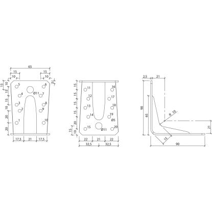 SIMA vinkelbeslag V2 med rib, rustfri A2 - 90 x 90 x 2,0 x 65 mm