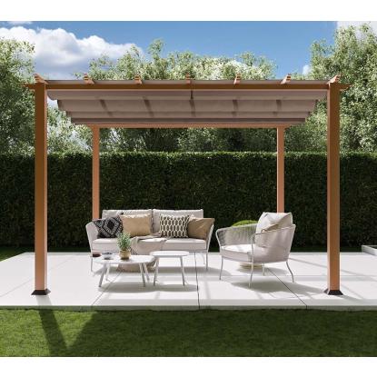 Paragon Outdoor Florida 1111 pergola, aluminium, lyst trælook, brunt tekstil, 235 x 350 x 350 cm