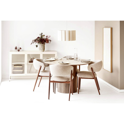 Delphi og Cavi spisebordssæt med 6 stole, travertin/mørkebrun/sand, Ø140 cm