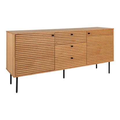 Skænk, egefiner, sorte metalben, 3 skuffer, 2 låger, 150x40x74 cm