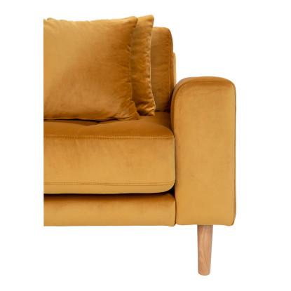Sofa venstrevendt i sennepsgul velour med fire puder