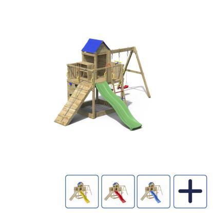 Fungoo Treehouse3 legetårn med to gynger, klatrevæg, overdækning og rutsjebane