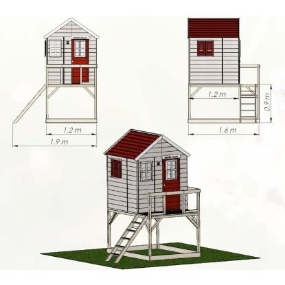Wendi Toys Stork legehus med trappe, træ, rød, 242 x 197 x 160 cm