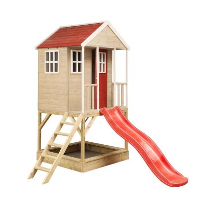 Wendi Toys Frog legehus med trappe og rutsjebane, træ, rød, 242 x 197 x 280 cm