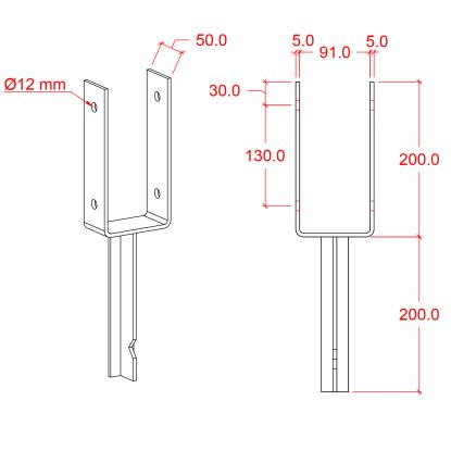 PLUS U-stolpefod til nedstøbning inkl. skruer, stål, 40 cm - til 9 x 9 cm stolper