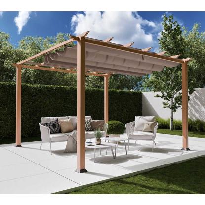 Paragon Outdoor Florida 1111 pergola, aluminium, lyst trælook, brunt tekstil, 235 x 350 x 350 cm