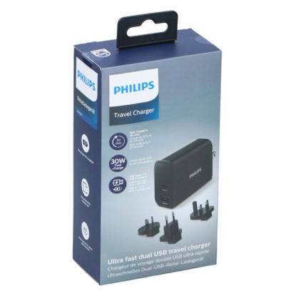 Philips USB-rejselader fast-charge, USB-A+C, sort, 30W