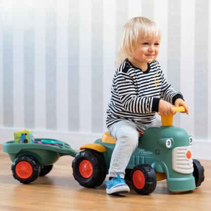 FALK Maurice gå-traktor med rat, horn og trailer, grøn