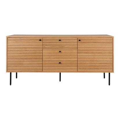 Skænk, egefiner, sorte metalben, 3 skuffer, 2 låger, 150x40x74 cm
