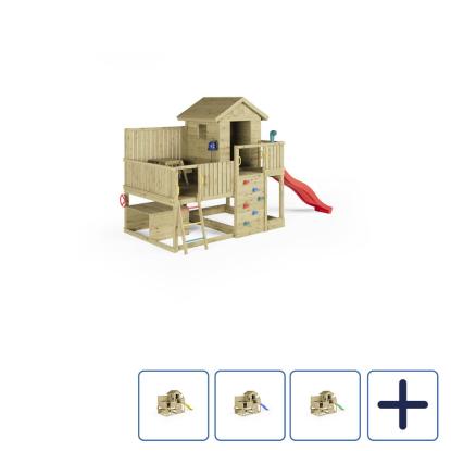 Fungoo Sweet House legetårn i to niveauer med opbevaring, legehus, klatrevæg og rutsjebane