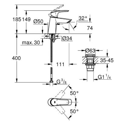 GROHE Eurosmart 2021 S vinklet håndvaskarmatur med push-open bundventil, krom