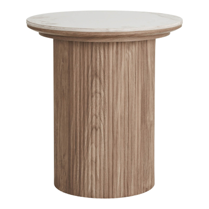 Athens hjørnebord med keramisk bordplade, hvid/brun, Ø45 cm