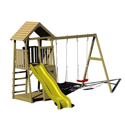 Wendi Toys Penguin legetårn med klatrevæg, rutsjebane, gynger og sandkasse, træ, gul