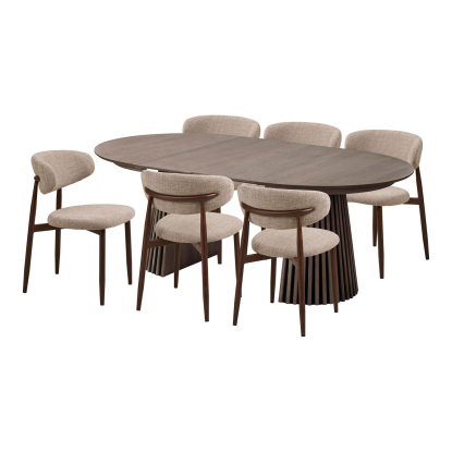 Osaka og Levanto spisebordssæt med 6 stole, røget eg, sand, Ø120 x 120-200 cm