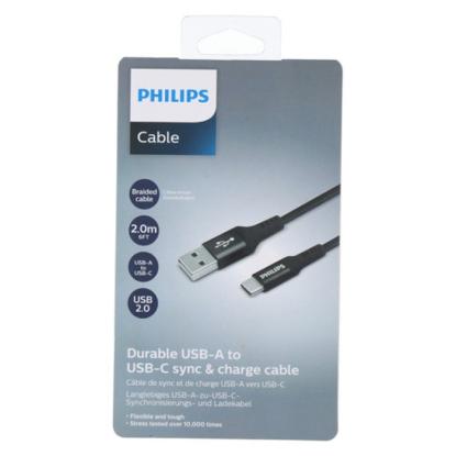 Philips USB kabel USB-A til USB-C, sort, 2 meter