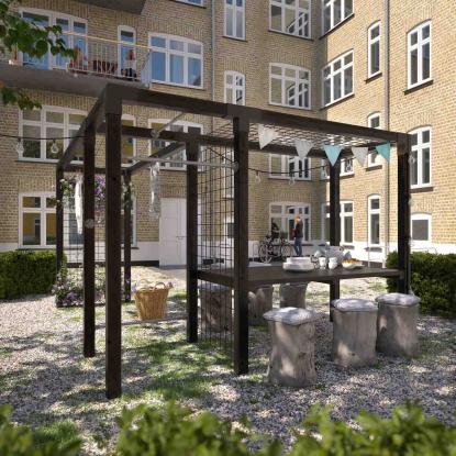 PLUS Daylife stativ med espalier, tørresnor, fitness og bord, model 4, sort/fyr, 369/297 x 108 x 208 cm