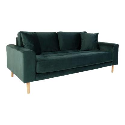 Sofa i mørkegrønt velour med to puder