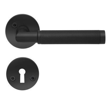 Beslagsboden Design dørgreb med roset, nøgleskilt og riflet greb, indendørs, 120 mm, mat sort
