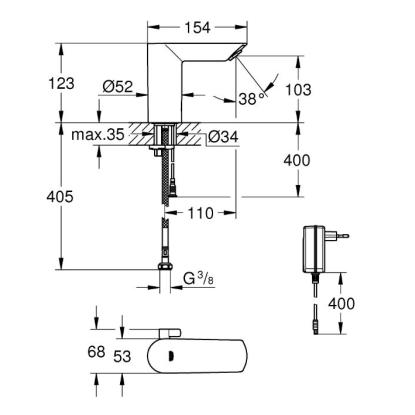 GROHE Bau Cosmopolitan E berøringsfrit håndvaskarmatur, 220V AC, krom