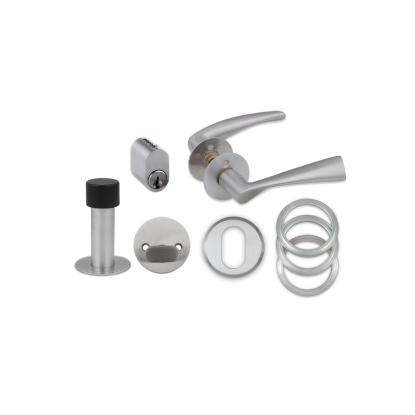 Jasa Company Saturn kombisæt med dørgreb, roset, nøgleskilt, cylinder, vrider og dørstopper, Ø21,5 mm, børstet stål