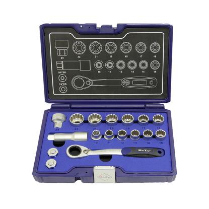 BATO SplineLock topnøglesæt med gennemstikforlænger og adaptor, 3/8", 10-24 mm - 17 dele