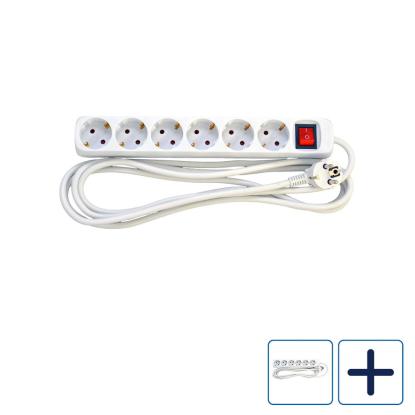 E-Line Schuko stikdåse, 6-vejs, hvid