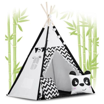 Tipi telt med puder og lamper, panda, sort/hvid