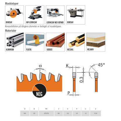CMT rundsavsklinge til aluminium og plastik, Z56 NE Neg, Ø160 x 2,2 x 20 mm