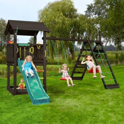 Jungle Gym Casa 2.1 legetårn med 2-Climb Module 220 og mørkegrøn rutsjebane, grundmalet sort