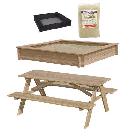 NORDIC PLAY sandkasse sampak, lærk, 150 x 150 cm - inkl. 200 kg sand, net og bord/bænkesæt