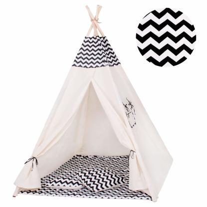 Tipi Wigwam telt med to puder, zigzag mønster, beige/sort