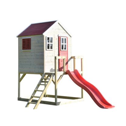 Wendi Toys Tiger legehus med trappe og rutsjebane, træ, rød, 242 x 197 x 310 cm