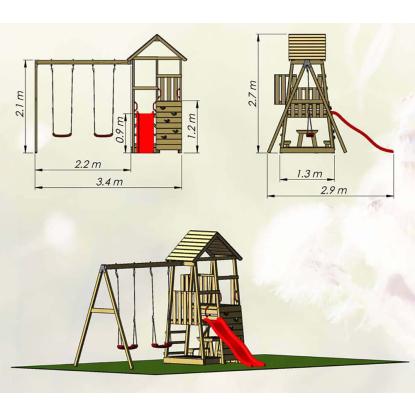 Wendi Toys Flamingo legetårn med klatrevæg, rutsjebane og gynger, træ, rød