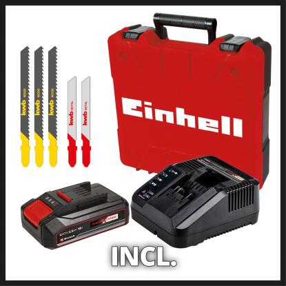 Einhell TC-JS 18 Li akku stiksav med kuffert, 5 klinger, 2,5 Ah batteri og lader