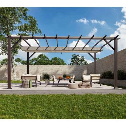 Paragon Outdoor Florenz 1116 pergola, aluminium, mørkt trælook, lys brunt tekstil, 236 x 505 x 350 cm