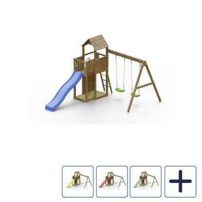Fungoo Boomer3 legetårn med to gynger, sandkasse og rutsjebane