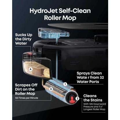 eufy E28 Omni HydroJet robotstøvsuger og gulvvasker med alt-i-en dockingstation og aftagelig renser, sort