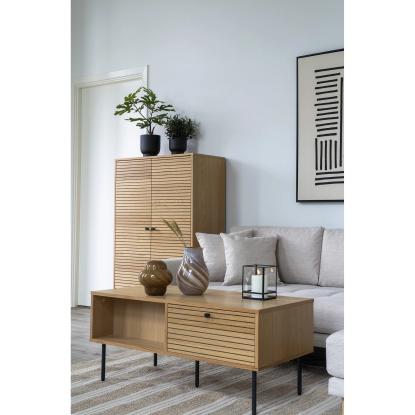 Sofabord, egefiner, sorte metalben, 2 skuffer, 50x100x45 cm