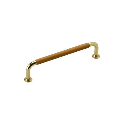 Beslag Design 1353 greb, 128 mm, poleret messing/natur læder