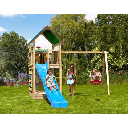 Jungle Gym Lodge 2.1 legetårn med Swing Module og blå rutsjebane
