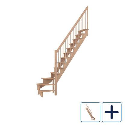 DOLLE Lyon kvartsvingstrappe, 75 cm trin og gelænder med træbalustre, lakeret eg